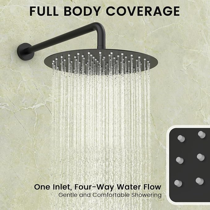 Longriver Round Shower Faucet Set with Hydro Power Temperature Display | Shower System 12" Shower Head with Handheld Spray, Wall Mounted Shower Fixtures with Shower Valve and Trim Kit, Matte Black