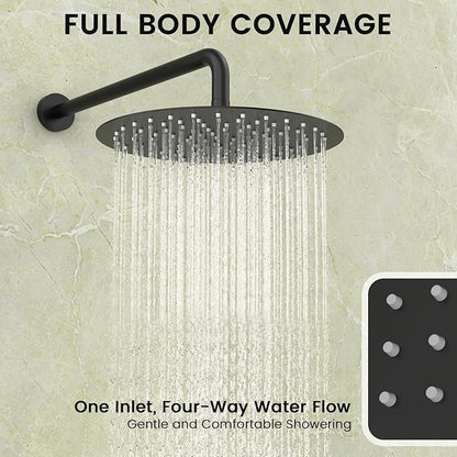 Round Shower Faucet Set with Hydro Power Temperature Display, Shower System Bathroom 12 Inch Shower Head with Handheld Spray, Wall Mounted Shower Fixtures with Shower Valve and Trim Kit, Matte Black