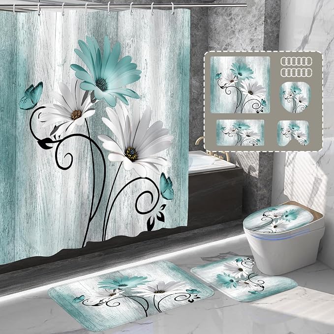 Onalasyc 4PCS Teal Daisy Floral Bathroom Sets with Shower Curtain and Rugs | Country Floral Butterfly Shower Curtain Set,Modern Bathroom Decor Shower Curtains Set with Rugs Toilet Lid Cover and 12 Hooks