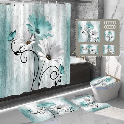 Onalasyc 4PCS Teal Daisy Floral Bathroom Sets with Shower Curtain and Rugs | Country Floral Butterfly Shower Curtain Set,Modern Bathroom Decor Shower Curtains Set with Rugs Toilet Lid Cover and 12 Hooks