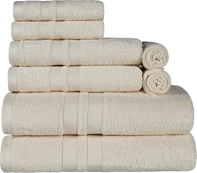 Superior Ultra-Soft 8-Piece Cotton Towel Set, Includes 2 Bath Towels, 2 Hand Towels, and 4 Washcloths, Daily Use Towels for Home, Bathroom, Guest Bath Room, Essential Quick Dry - Ivory