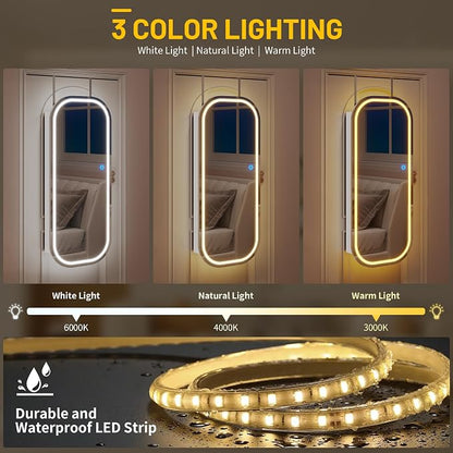 LVSOMT LED Mirror Jewelry Cabinet, Wall/Door Jewelry Organizer, 16"W, White | Lockable Jewelry Armoire with Full Length Mirror, 65 Ring and 108 Earring Slots, Foldable Shelf, Rounded Corner