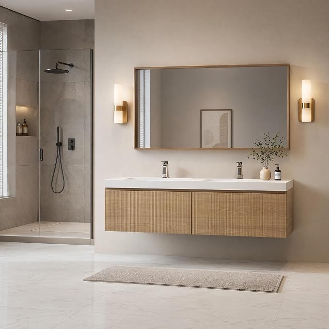 Floating Bathroom Vanity, 60" Wall Mounted Bathroom Cabinet with 2 Glossy White Stone Resin Sinks & U-Shaped Soft-Close Drawers, Pre-Assembled Striped Storage Vanity for Bathroom, Natural Wood