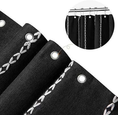 MitoVilla Boho Extra Long Shower Curtain 72 x 84, Black 84 inch XL Polyester Linen Tassel Fabric Shower Curtain Set with Hooks for Vintage Country Farmhouse Bathroom Decor, Thick & Wrinkle Resistant