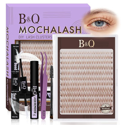 B&Q Brown Lash Clusters Kit Natural Mochalash Clusters 01, Brown Eyelash Clusters Kit C-Curl Cluster Eyelash Extensions 8-16mm Wispy Lash Eyelashes Kit for Fair/Dark Hair(Mochalash 01 Set)