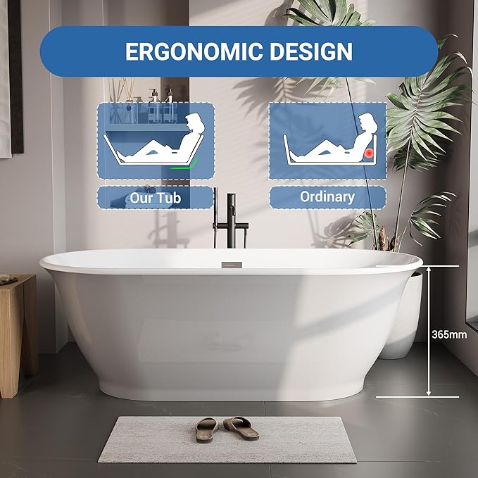 59 Inch Acrylic Freestanding Bathtub, Luxury Oval Soaking Tub, Modern Grey and White Stand Alone Bath with Chrome Drain and Overflow, Deep Soaking Tub for Bathroom