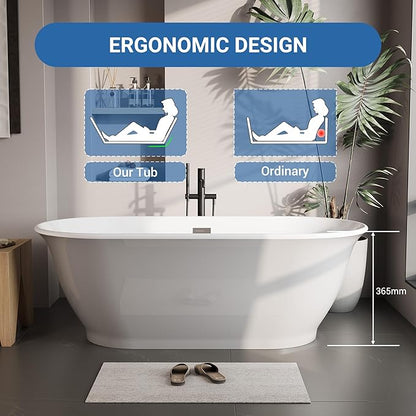 67 Inch Acrylic Freestanding Bathtub, Luxury Oval Soaking Tub, Modern Grey and White Stand Alone Bath with Chrome Drain and Overflow, Deep Soaking Tub for Bathroom