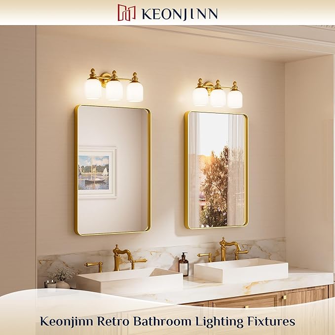Keonjinn Gold Bathroom Light Fixtures, 3-Light Vintage Vanity Lights for Mirror with Frosted Glass Shades, UL Listed E26 Base(Bulbs Not Included), Reversible Vanity Lighting Fixtures for Bathroom