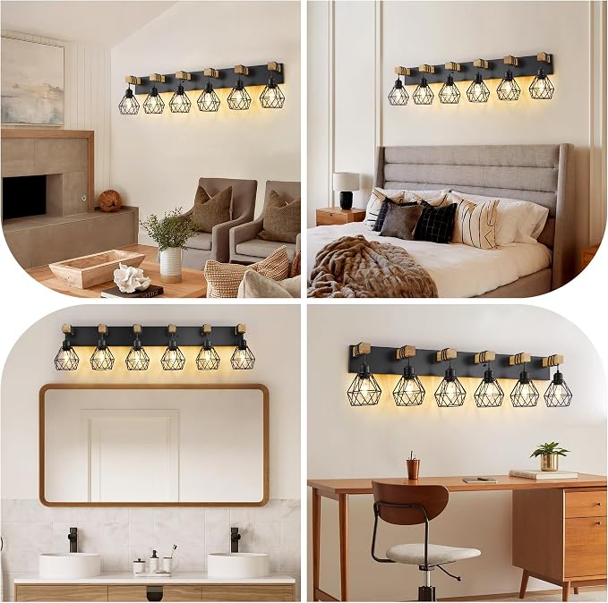 VbiTmn Bathroom Light Fixtures,6 Light Black Farmhouse Wood Vanity Lights | Rustic Design, Diamond Metal Shades, Easy to Install, Wall Sconces for Bathroom, Bedroom, Makeup Area, Over Vanity Mirror