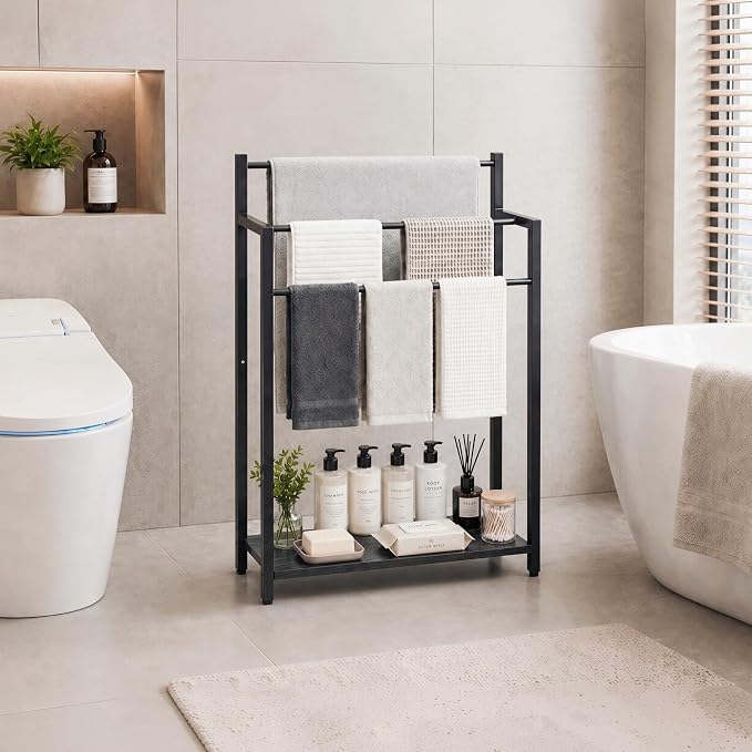24.8" W Freestanding Towel Rack with Black Wood Shelf | 3 Tier Blanket Ladder Stand for Bathroom Living Room, Metal Frame