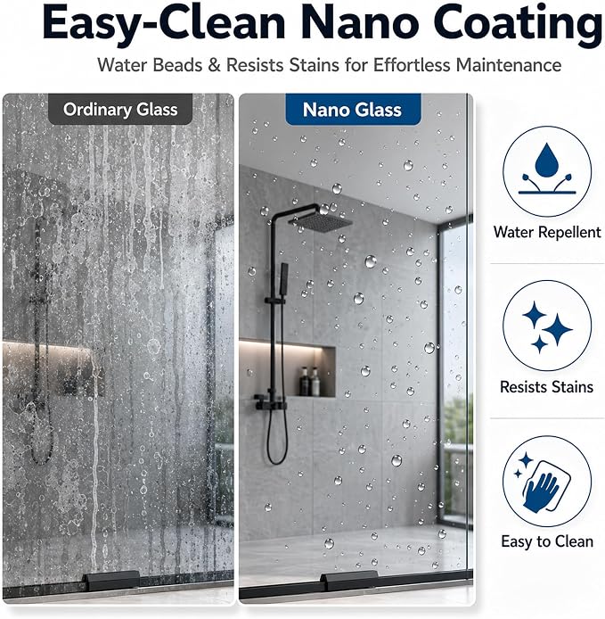 60 x 73 Inch Frameless Single Sliding Shower Door with Nano Coating | Bypass Glass Shower Door with 5/16" SGCC Tempered Glass & Explosion-Proof Film, Water Repellent, Matte Black