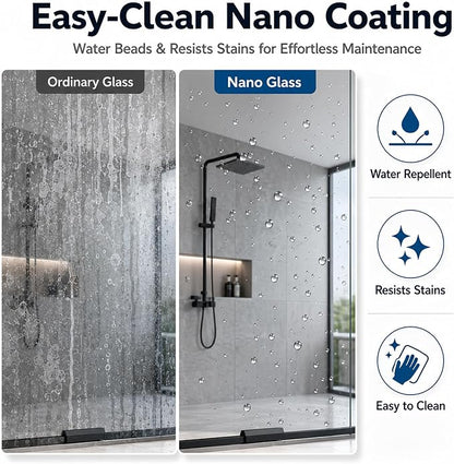 60 x 73 Inch Frameless Single Sliding Shower Door with Nano Coating | Bypass Glass Shower Door with 5/16" SGCC Tempered Glass & Explosion-Proof Film, Water Repellent, Matte Black