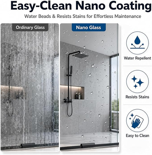 60 x 73 Inch Frameless Single Sliding Shower Door with Nano Coating | Bypass Glass Shower Door with 5/16" SGCC Tempered Glass & Explosion-Proof Film, Water Repellent, Matte Black