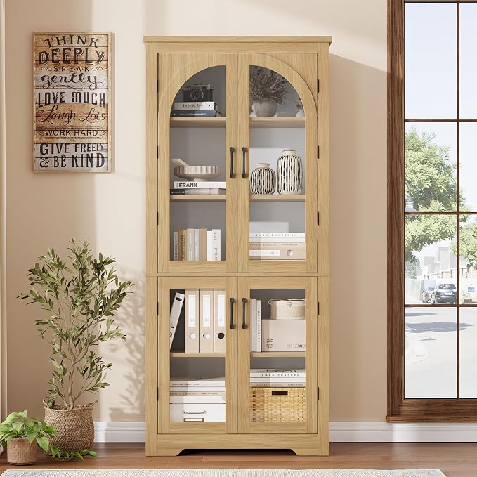 Garvee 70" Tall Kitchen Pantry Cabinet - Modern Display Cabinet with 4 Arched Glass Doors and Adjustable Shelves, Versatile Cupboard Organizers for Kitchen, Dining Room, Living Room, Bathroom, Natural