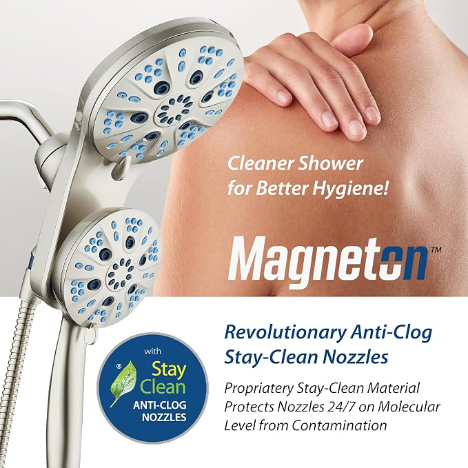 AquaCare Magneton 48-Mode High Pressure Rain & Handheld Shower Head Combo | Space-age Magnetic Guidance Docking, Dual 6-mode Heads with Hygienic Jets, Extra-long 6 ft. Stainless Steel Hose / Nickel