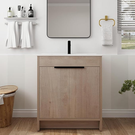 SSLine 30-Inch Bathroom Vanity with Sink Mid-Century Bathroom Vanities with Top Basin Floor Wood Bathroom Sink Cabinet with Soft-Close Doors & Adjustable Storage Shelves (Light Oak)