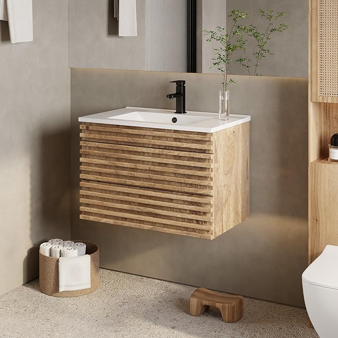 eclife 30" Floating Bathroom Vanity with Sink Combo Mid-Century Wall Mounted Cabinet with Wood Stripes Decor, Drawers, Undermount Single Sink, Faucet, Drain, Light Walnut