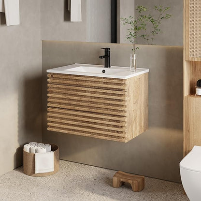 eclife 30" Floating Bathroom Vanity with Sink Combo Mid-Century Wall Mounted Cabinet with Wood Stripes Decor, Drawers, Undermount Single Sink, Faucet, Drain, Light Walnut