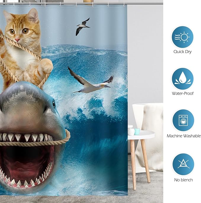 Aimego Extra Long Shower Curtain - Funny Cute Cool Cat Riding Shark Ocean Wave Fun Fabric Cloth Shower Curtain Set with 12 Hooks for Adults Kids Bathroom Decor Accessories Bathtub Curtain, 72"x78"