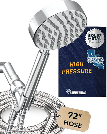 HammerHead Showers® Solid Metal LOW FLOW Handheld Shower Head with Hose and Brass Holder - CHROME – Water Saving 1.75 GPM Detachable Shower Head - Adjustable Shower Wand Bracket & 6ft Hose