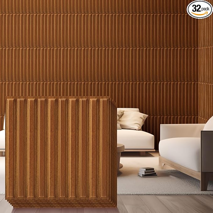 Nuanchu 32 Pcs 3D Wall Panels, 12"x12" PVC Fluted Tiles, Walnut | Waterproof Accent Panels, Paintable Wall Tiles, for TV Background, Bedroom, Bathroom, Gaming Room, Cuttable Home DIY Decor