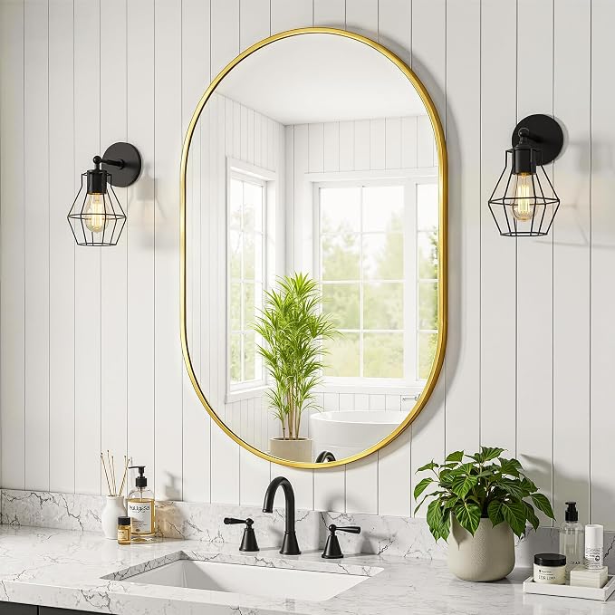 Oval Bathroom Mirror for Wall, 24"x36" Gold Bathroom Vanity Mirror | HD Shatterproof Glass, Metal Framed, Oval Vanity Mirrors for Bathroom, Bedroom, Living Room, Entryway, Horizontal or Vertical