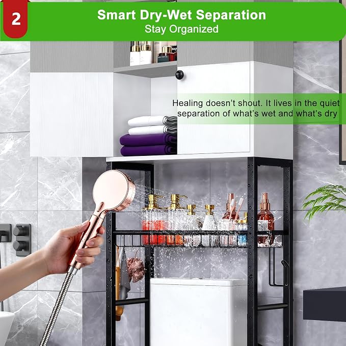 Over-The-Toilet Storage Rack, 4-Tier Bathroom Organizer Shelf Over Toilet with Barn Doors Cabinet and Basket, Freestanding Space Saver Bathroom Shelves with Paper Holder Above Toilet (Gray & White)