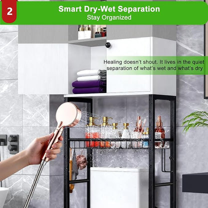 Over-The-Toilet Storage Rack, 4-Tier Bathroom Organizer Shelf Over Toilet with Barn Doors Cabinet and Basket, Freestanding Space Saver Bathroom Shelves with Paper Holder Above Toilet (Gray & White)