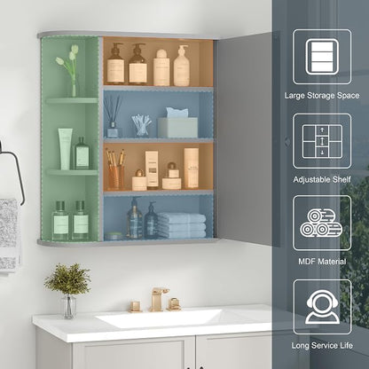 DL-win Bathroom Medicine Cabinet with Mirror, Wall Mounted Home Storage with Door, Over The Toilet Space Saver Storage Cabinet, Bathroom Cabinet Wall Mounted, Grey