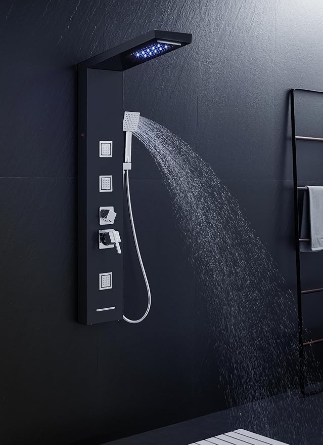 MENATT LED Shower Panel Tower System, Bathroom 5-Function Shower Panel Tower with LED Rainfall Waterfall Shower Head, Massage Jets, Tub Spout, Handheld Shower, Black