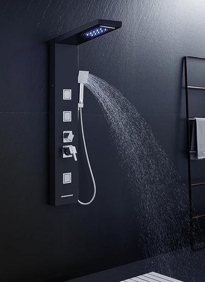MENATT LED Shower Panel Tower System, Bathroom 5-Function Shower Panel Tower with LED Rainfall Waterfall Shower Head, Massage Jets, Tub Spout, Handheld Shower, Black