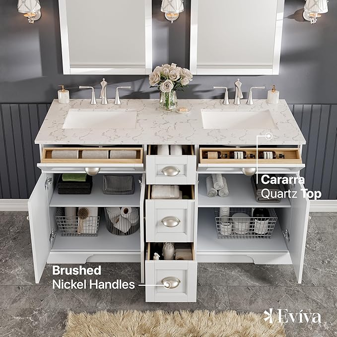 Eviva White 60 inch Bathroom Vanity with Sink - Porcelain Round-Bathroom Vanity Double Sink-Solid Wood 60" Vanity Bathroom Sink-Marble Top Double Vanity Sink Cabinet