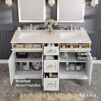 Eviva White 60 inch Bathroom Vanity with Sink - Porcelain Round-Bathroom Vanity Double Sink-Solid Wood 60" Vanity Bathroom Sink-Marble Top Double Vanity Sink Cabinet