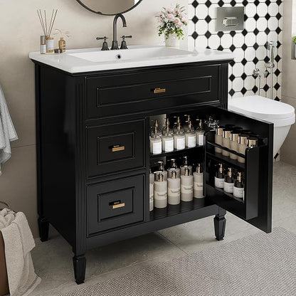 30" Bathroom Vanity with Ceramic Sink, 1 Flip Drawer & 2 Side Drawers, Modern Freestanding Storage Cabinet w/Adjustable Shelf & Golden Metal Handles, Solid Wood Frame, Black