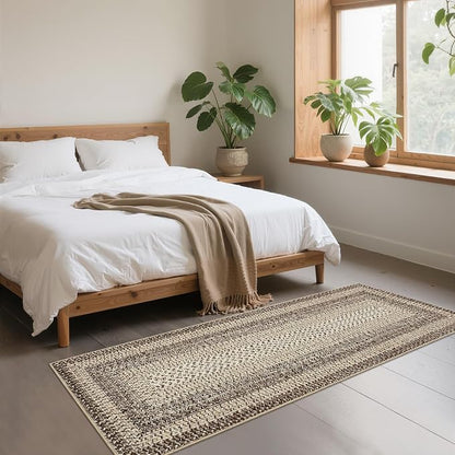 Imitation Braided Collection-Print Hallway Runners 2x10 Washable Area Rug, Farmhouse Rustic Area Rug with Non Slip Backing, Soft Low Pile Indoor Carpet Runners for Entryways, Laundry Room