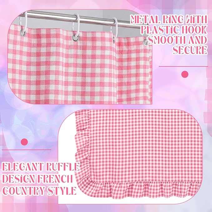 HunnmingRe Ruffled Gingham Shower Curtain Pink | 72'' x 72'' Vintage Farmhouse Curtain, Cotton Cottage Core Rural Checkered Plaid Decor, Fall Shower Curtain for Bathroom