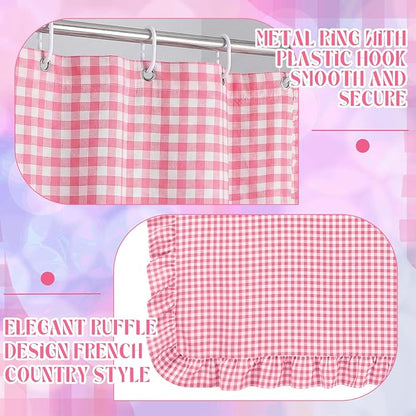 HunnmingRe Ruffled Gingham Shower Curtain Pink | 72'' x 72'' Vintage Farmhouse Curtain, Cotton Cottage Core Rural Checkered Plaid Decor, Fall Shower Curtain for Bathroom