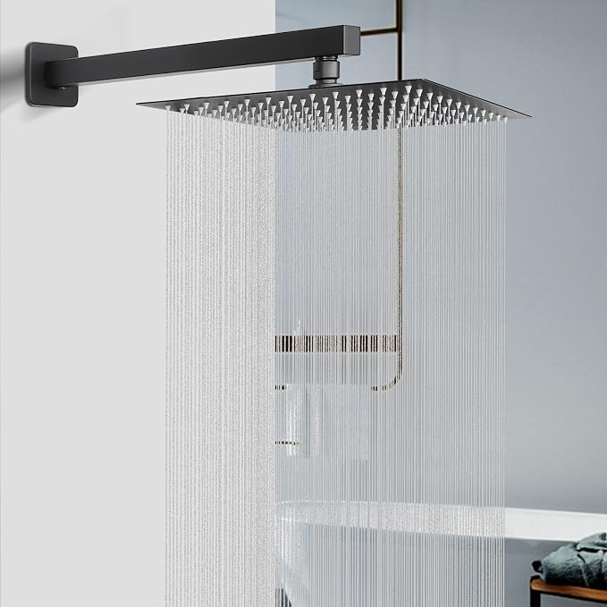 Shower Head with Extension Arm, High Pressure Square with ShowerArm, Stainless Steel Rainfall-Waterfall Full Body Coverage (10'' Shower with 16'' Arm, Matte Black)