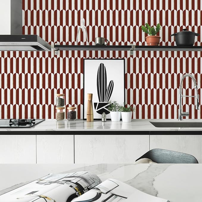 Vamos Tile Peel and Stick Backsplash Seamless Tile,Fish Scale,Matt,10-Sheet | 11.9''x10.8'',White & Red PVC+Light Gold Stick on Backsplash Tile for Kitchen & Bathroom & Laundry & Camper