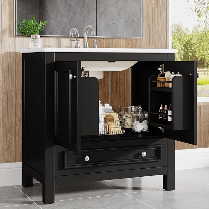 Tribesigns Modern Bathroom Vanity with Sink, Freestanding Bathroom Vanities Cabinet with Ceramic Basin Combo, Bathroom Sink Cabinet with 2 Doors and 1 Drawer, Solid Wooden Frame (Black, 30 INCH)