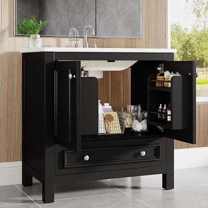 Tribesigns Modern Bathroom Vanity with Sink, Freestanding Bathroom Vanities Cabinet with Ceramic Basin Combo, Bathroom Sink Cabinet with 2 Doors and 1 Drawer, Solid Wooden Frame (Black, 30 INCH)