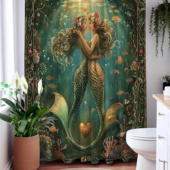 Fantasy Green Mermaid Shower Curtains,Ocean Theme Fish Shower Curtain,Romantic Waterproof Polyester Bath Curtain for Daughter Girl Women,Mermaid Bathroom Decor for Nautical Style,72x72 Inch