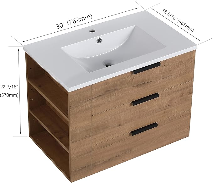30 Inch Bathroom Vanity with White Sink Combo, Wall-Mounted Bathroom Vanity 3 Drawer&Left Side Shelf for Small Space, Modern Floating Bathroom Cabinet with Top Basin & Storage Cabinet,Brown