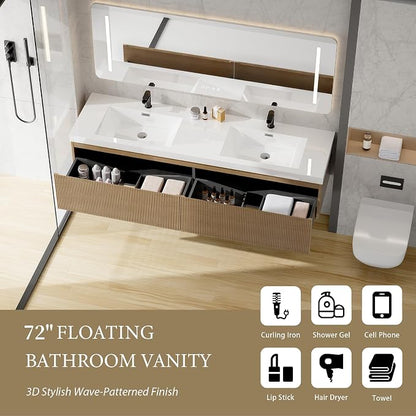 72 Inch Floating Bathroom Vanity with Double Sink, Modern Oak Wall Mounted Floating Vanity with Glossy Resin Sink and 2 Soft Closing Drawers, Fully Pre Assembled Bathroom Vanity, Natural Oak