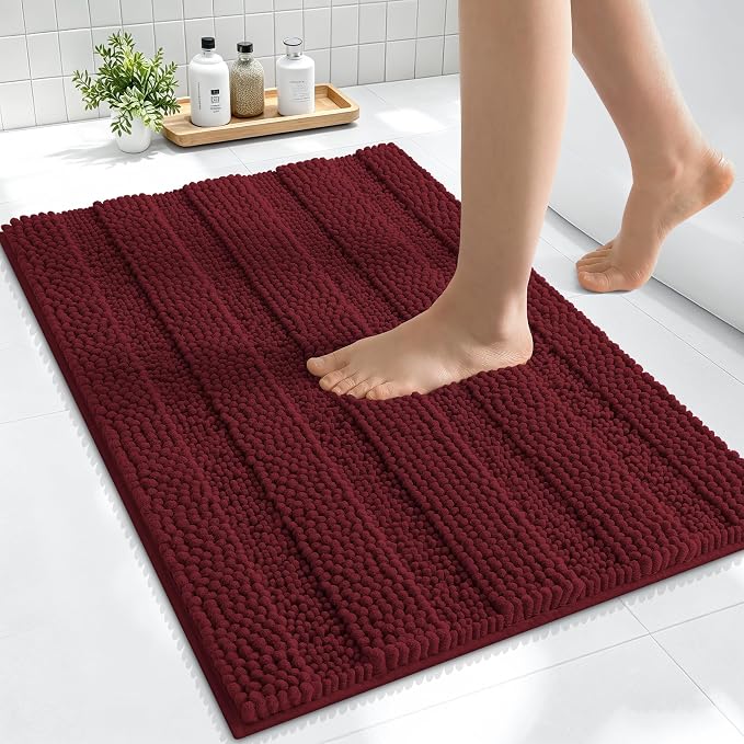 Smiry Thick Small Chenille Bathroom Rugs 24x16, Bath Mat, Andorra Red-Brown | Quick‑Dry & Machine Washable, Non‑Slip Bath Carpet, Soft Striped Bath Rugs for Tub & Shower, Modern Home Decor Accessories