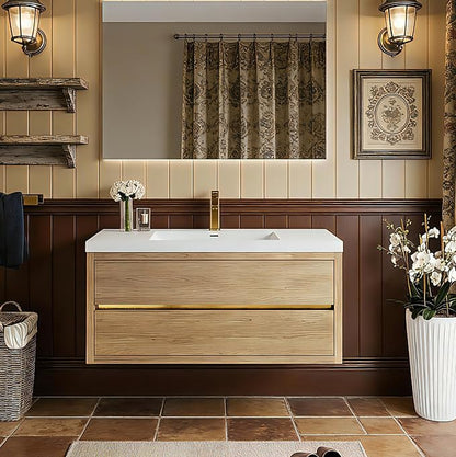 Modern 48" Wall-Mounted Bathroom Vanity with Sink | Floating Storage Cabinet, Stone Resin Countertop, Soft Close Drawers | Natural Oak