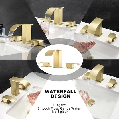 Brushed Gold 8 Inch Waterfall Bathroom Faucet - Bathroom Faucets for Sink 3 Hole, Widespread Bathroom Sink Faucet 2 Handles, Modern Vanity Faucets, with cUPC Supply Lines