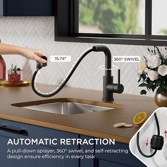 FORIOUS Modern Black Bar Sink Faucet, Stainless Steel Single Handle Small Pre Kitchen Sink Faucet with Pull Out Sprayer, 360° Swivel Spout L-Shaped Design Suitable for Camper Outdoor Bathroom RV