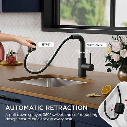 FORIOUS Modern Black Bar Sink Faucet, Stainless Steel Single Handle Small Pre Kitchen Sink Faucet with Pull Out Sprayer, 360° Swivel Spout L-Shaped Design Suitable for Camper Outdoor Bathroom RV