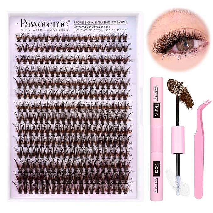 Lash Extension Kit DIY 280pcs Brown Lash Clusters Eyelash Extension Kit 40D 9-16mm Individual Lashes Kit with Lash Bond and Seal Lash Tweezers for Self Use (Brown 40D, 9-16mm, Kit)